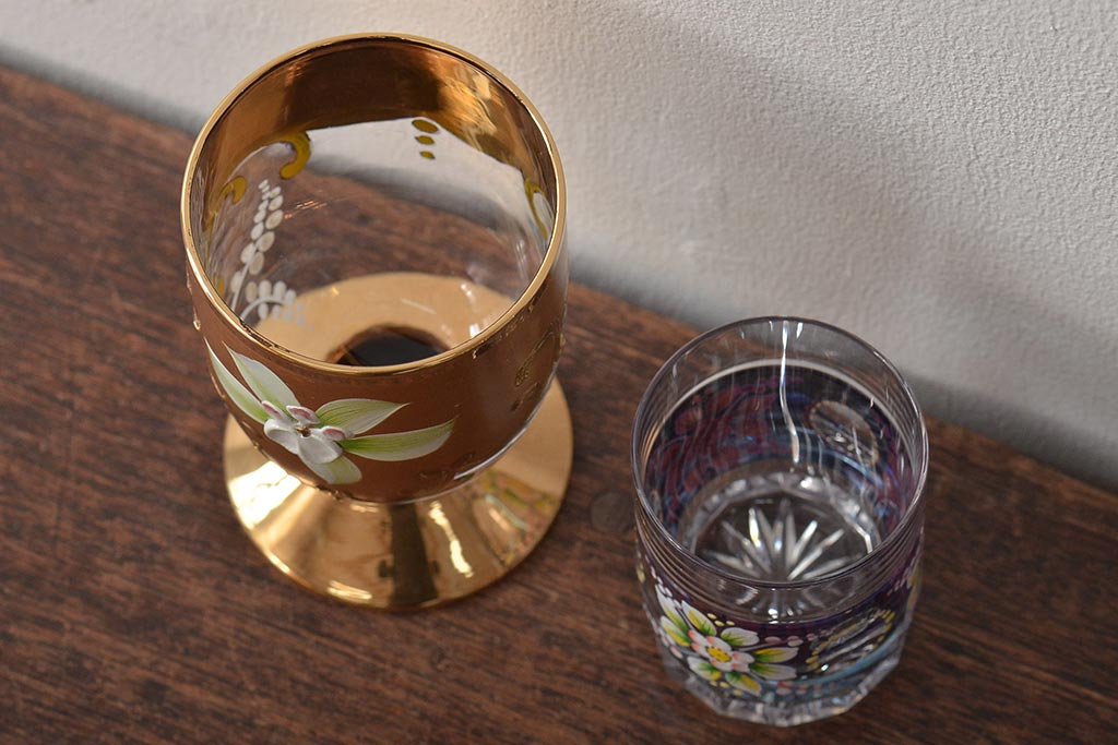 ベネチアンガラス　ムラノ　金彩グラス　花図グラス　2点セット(コップ、タンブラー)(R-045995)