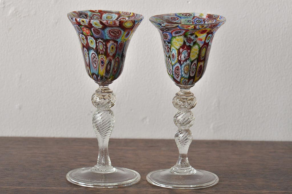 イタリア　ベネチアンガラス　ワイングラス　2客セット(ペアグラス、ヴェネチアングラス)(R-046005)
