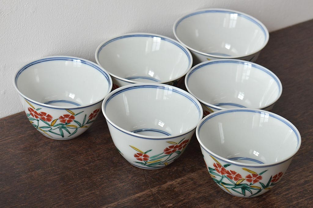 大明成化年製　花文色絵　茶碗6客セット(湯呑み、茶器、和食器)(R-046050)