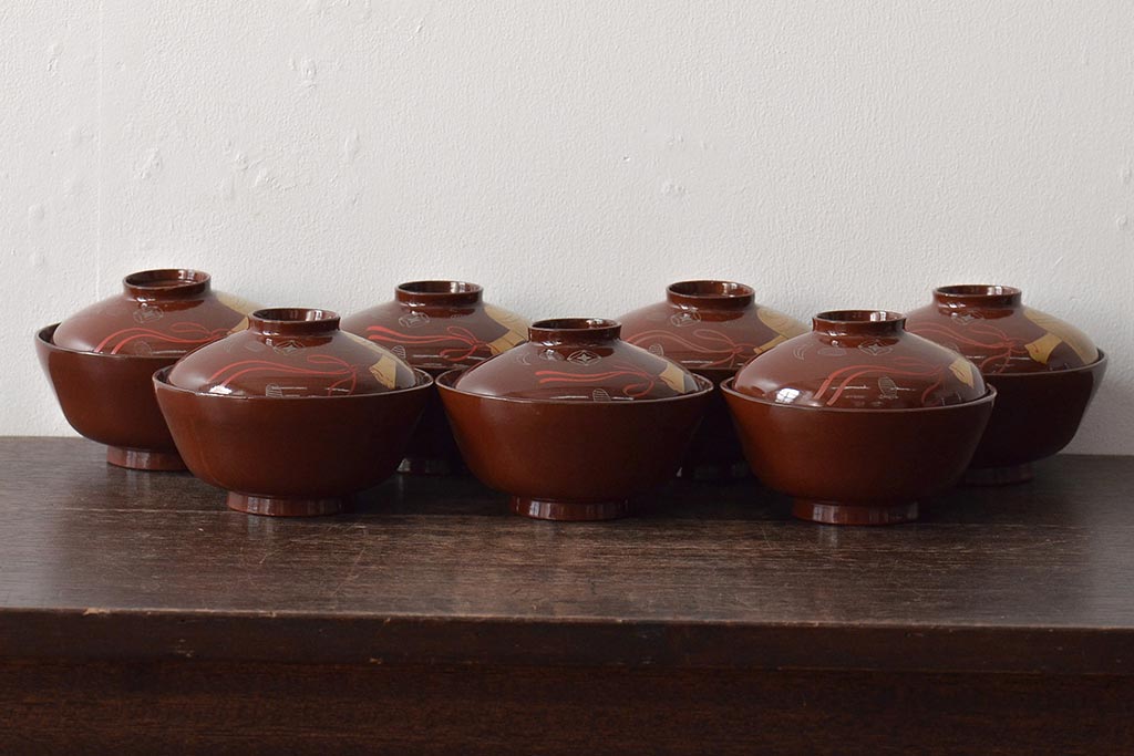 大正〜昭和初期　小槌蒔絵　木製椀7客(漆器、蓋付き椀、お椀)(R-046074)