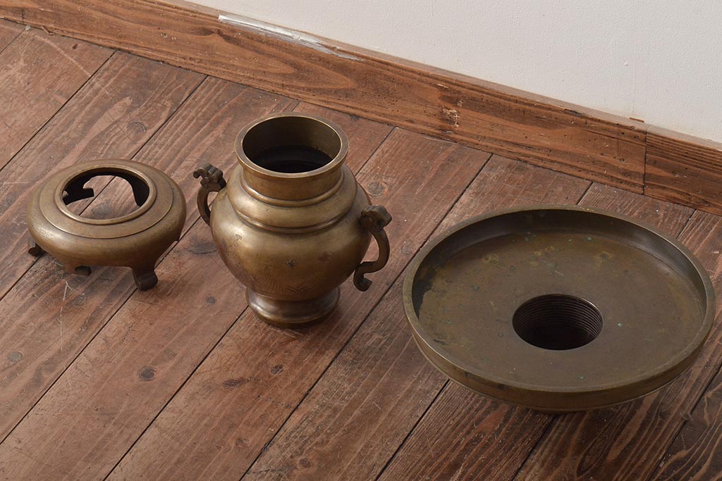 昭和レトロ 金属製 山水画 花瓶 2個セット 花器 華道 フラワー