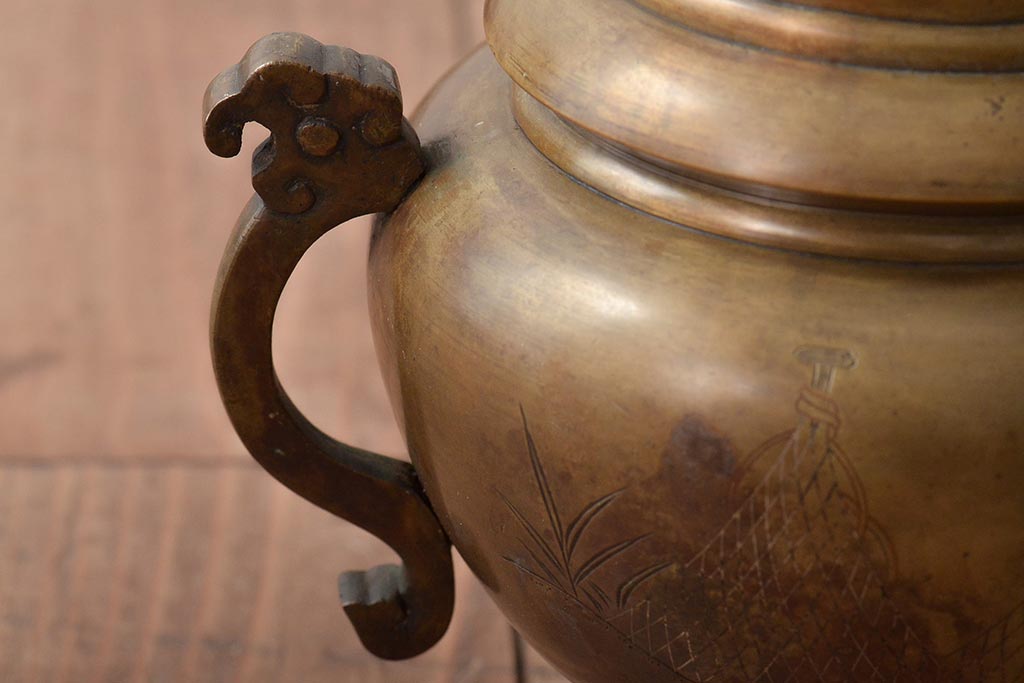 大正〜昭和初期　波千鳥の図　銀象嵌　真鍮薄端　花瓶(華道)(R-046100)