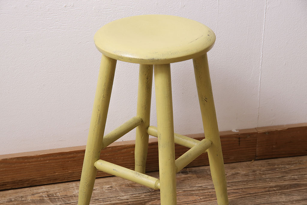 アンティーク家具　昭和初期　ポップなレモンカラーのペイントスツール(木製チェア、丸椅子)(R-046108)