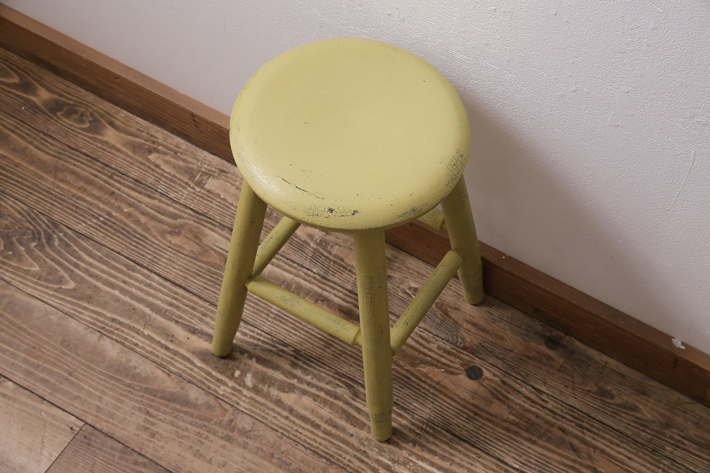 アンティーク家具　昭和初期　ポップなレモンカラーのペイントスツール(木製チェア、丸椅子)(R-046108)