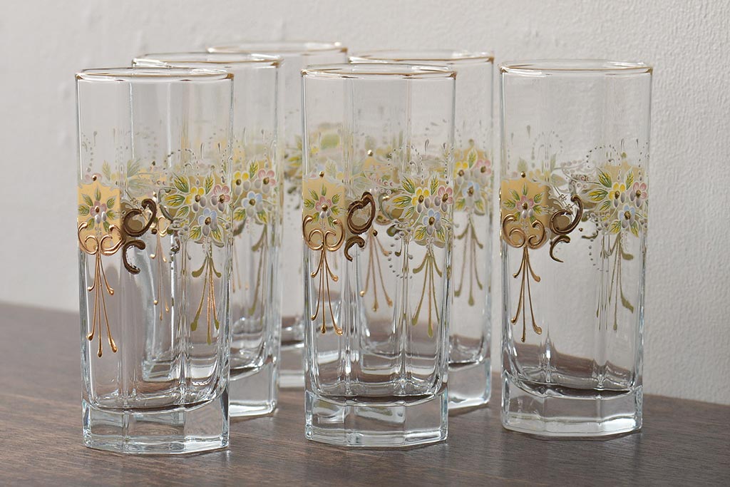 イタリア　ベネチアンガラス　金彩　花の図　グラス6客セット(コップ、タンブラー、ヴェネチアングラス)(R-046122)