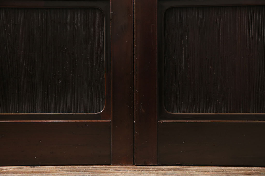 アンティーク建具　昭和初期　モールガラス　総漆塗り　大正ロマンの香り漂うシックなガラス戸2枚セット(引き戸)(R-046154)