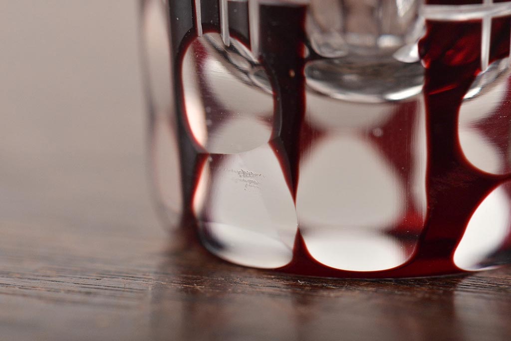 昭和初期　赤切子グラス2個　ショットグラス6個(コップ、色被せ、和ガラス)(R-046165)