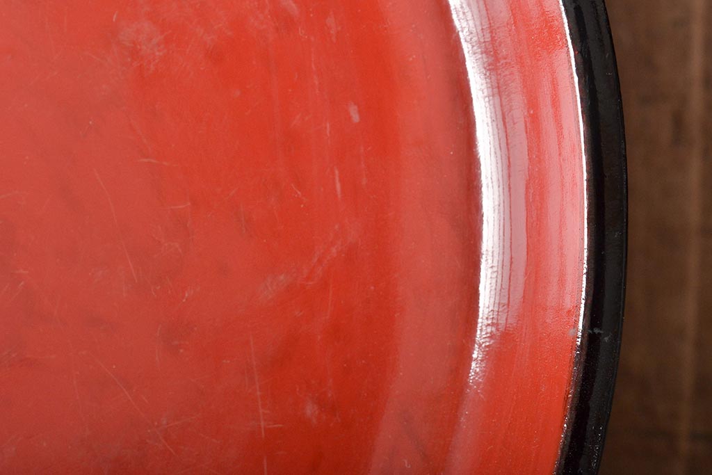 明治大正期　会津漆器　朱赤の漆塗りが美しい高台付き丸盆2点セット(丸膳、漆器)(R-046240)