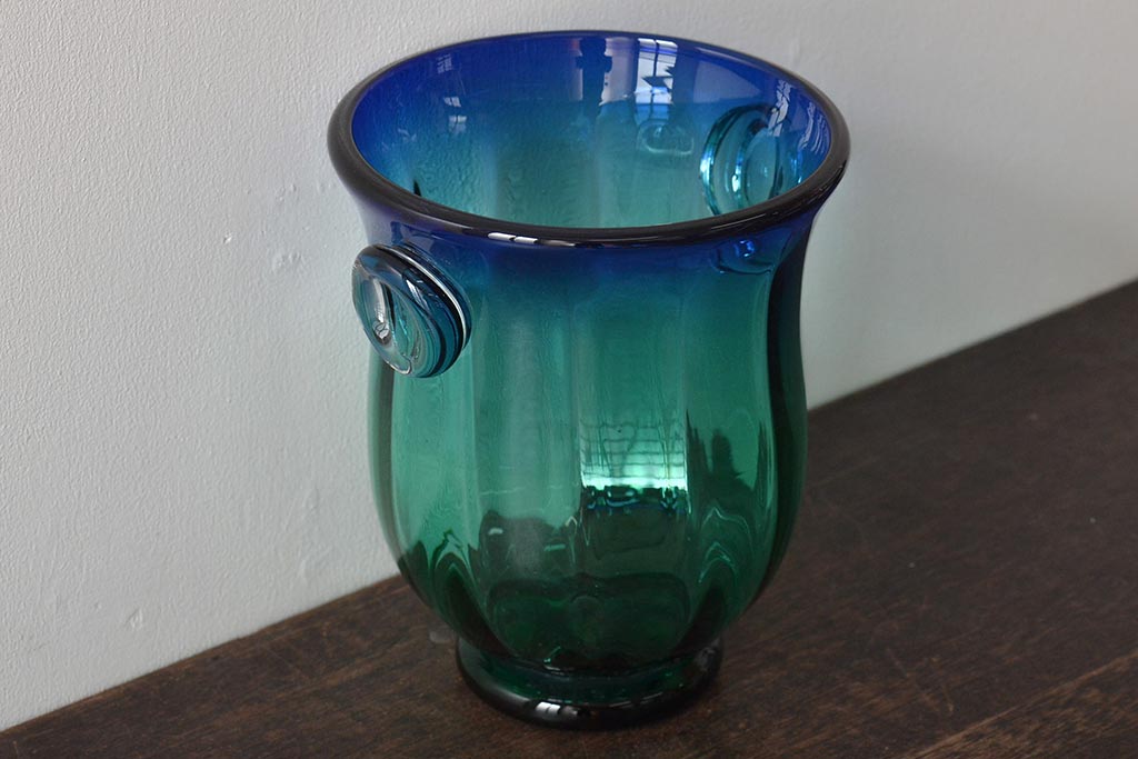イタリア　ベネチアンガラス　ブルー・グリーン(青緑)　花瓶(サイン有、作家物、ヴェネチアングラス、グラデーション)フラワーベース　 花器(R-046318)