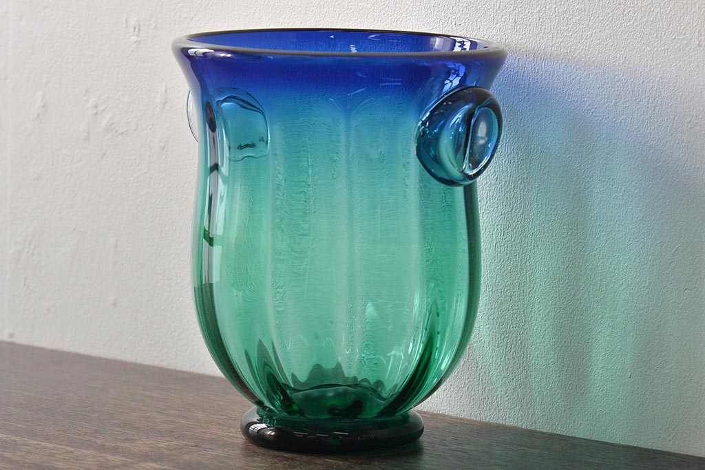 イタリア　ベネチアンガラス　ブルー・グリーン(青緑)　花瓶(サイン有、作家物、ヴェネチアングラス、グラデーション)フラワーベース　 花器(R-046318)