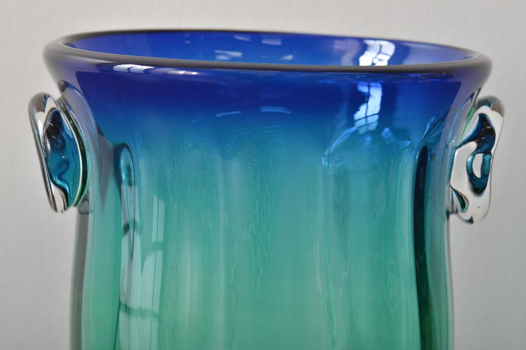 イタリア ベネチアンガラス ブルー・グリーン(青緑) 花瓶(サイン有 