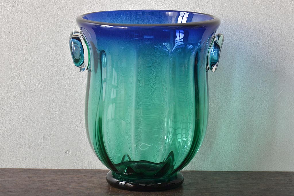 イタリア　ベネチアンガラス　ブルー・グリーン(青緑)　花瓶(サイン有、作家物、ヴェネチアングラス、グラデーション)フラワーベース　花器(R-046318)