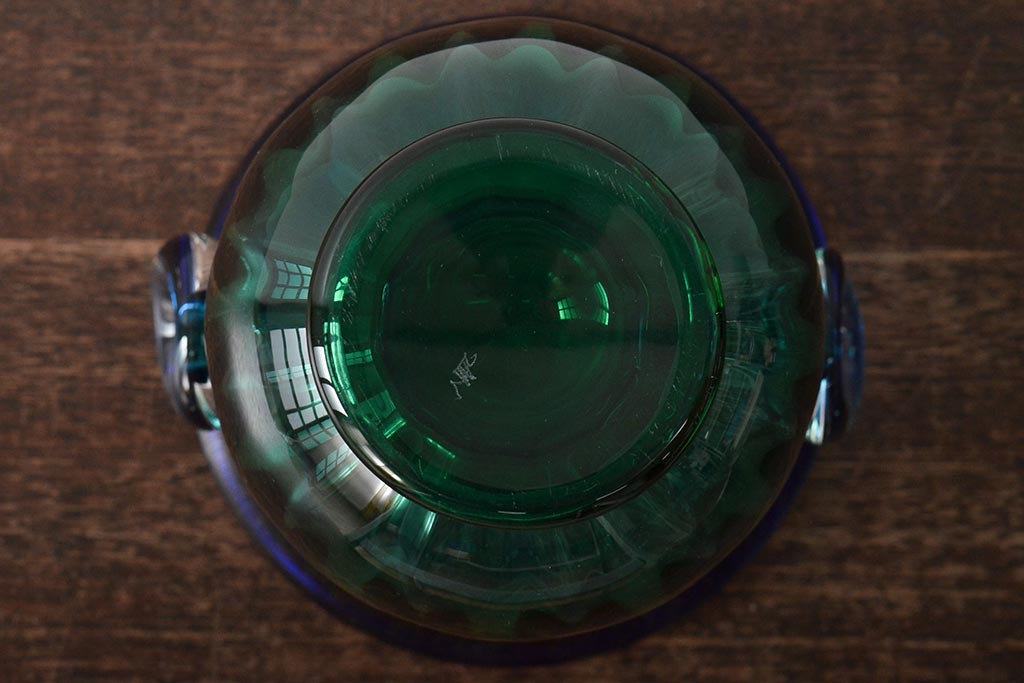 イタリア　ベネチアンガラス　ブルー・グリーン(青緑)　花瓶(サイン有、作家物、ヴェネチアングラス、グラデーション)フラワーベース　花器(R-046318)