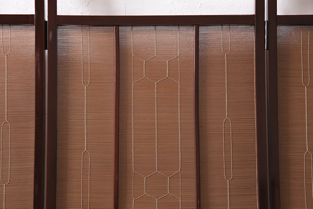 ビンテージ家具　漆塗り　波千鳥の図　凝ったつくりの四連折り畳み式パーテーション(衝立、仕切り)(R-046354)