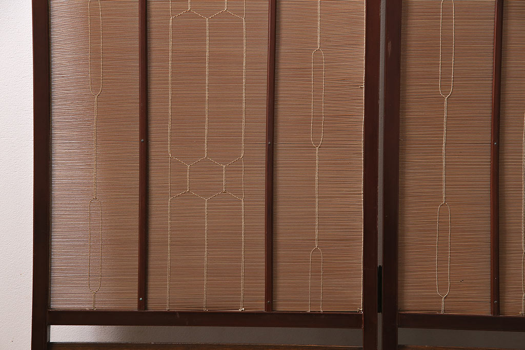 ビンテージ家具　漆塗り　波千鳥の図　凝ったつくりの四連折り畳み式パーテーション(衝立、仕切り)(R-046354)