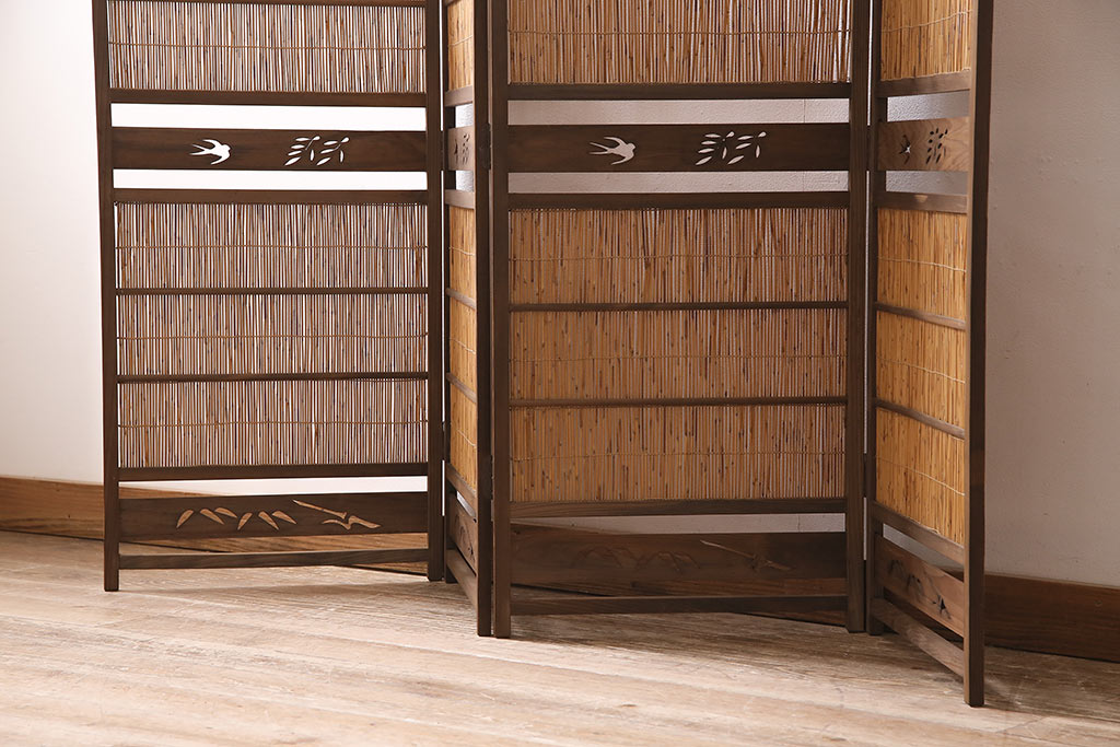 ビンテージ家具　レトロ　栓材　鳥と竹　透かしが素敵な四連折り畳み式パーテーション(衝立、仕切り)(R-046355)