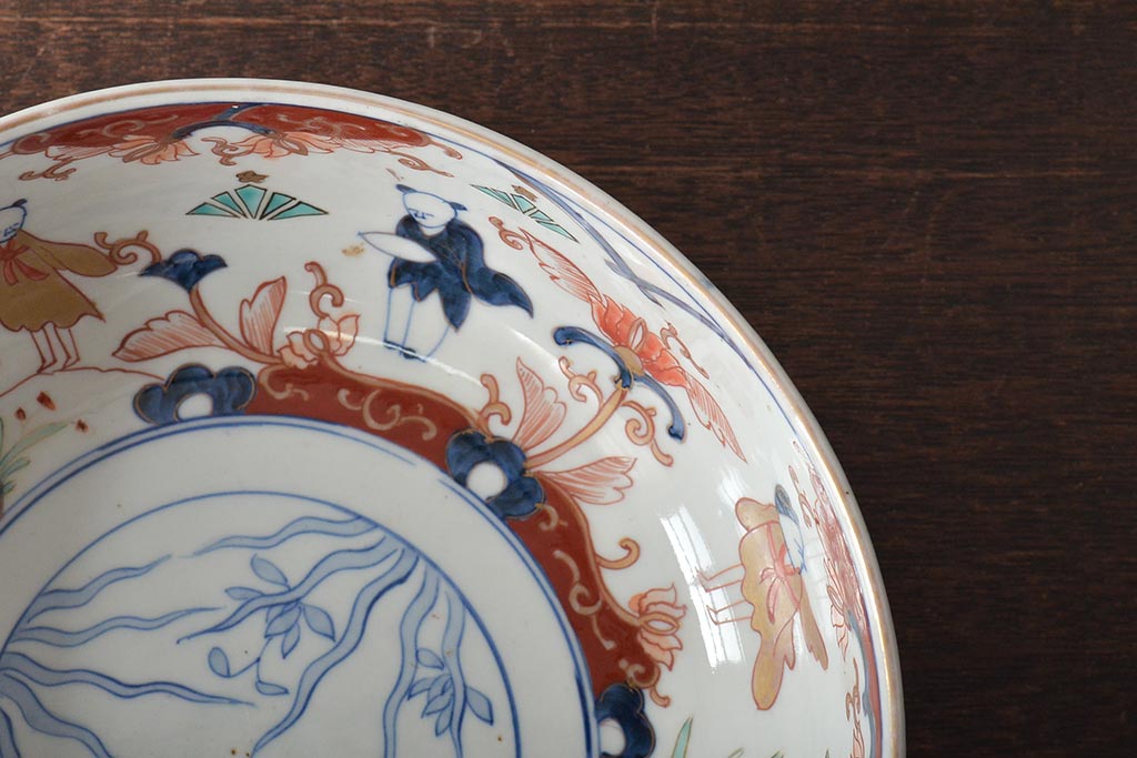 幕末〜明治 色絵 花唐子図 染付 深皿(深鉢、和食器)古伊万里(R