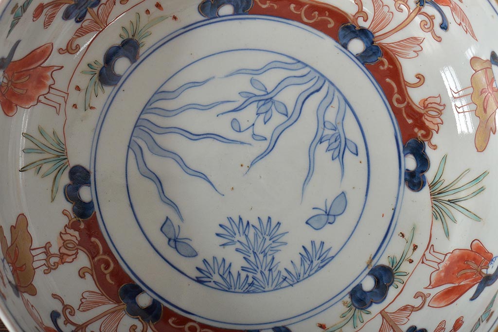 幕末〜明治 色絵 花唐子図 染付 深皿(深鉢、和食器)古伊万里(R