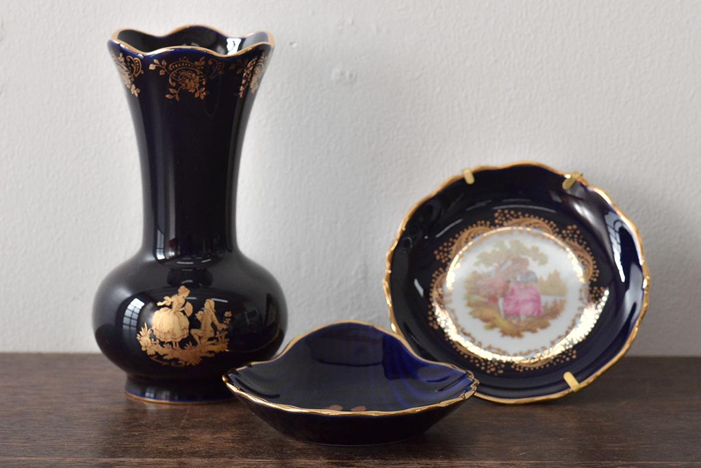 フランス　リモージュ　Limoges　花瓶など3点(CASTEL、飾り皿、金彩、プレート)(R-046471)