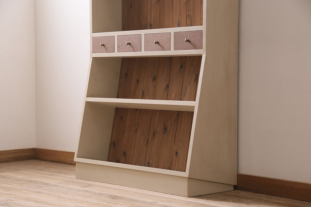 ラフジュ工房オリジナル　ペイント家具　古材使用　ナチュラルスタイルにおすすめの薄型ブックシェルフ(収納棚、本棚、ウッドシェルフ)(R-046509)
