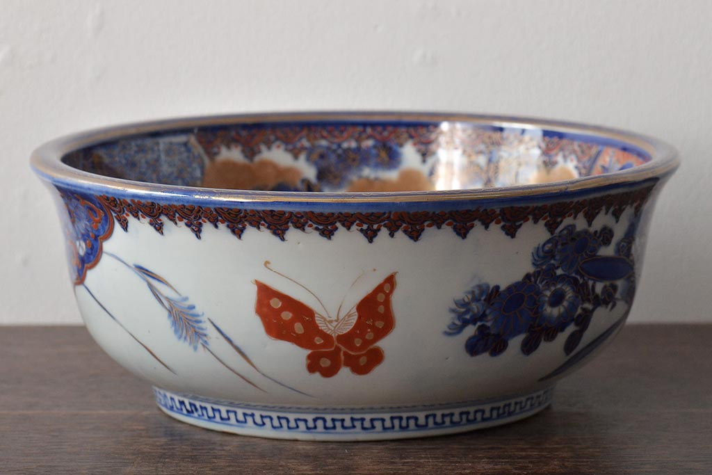 明治期　伊万里焼　上手物　花蝶唐子図染付深鉢(赤絵金彩)(R-046636)