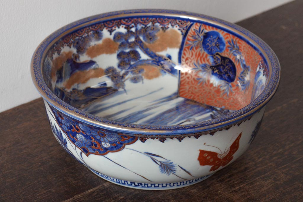 明治期　伊万里焼　上手物　花蝶唐子図染付深鉢(赤絵金彩)(R-046636)