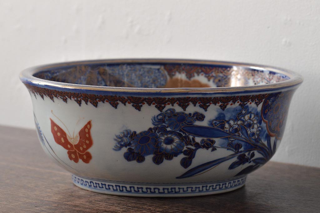 明治期　伊万里焼　上手物　花蝶唐子図染付深鉢(赤絵金彩)(R-046636)