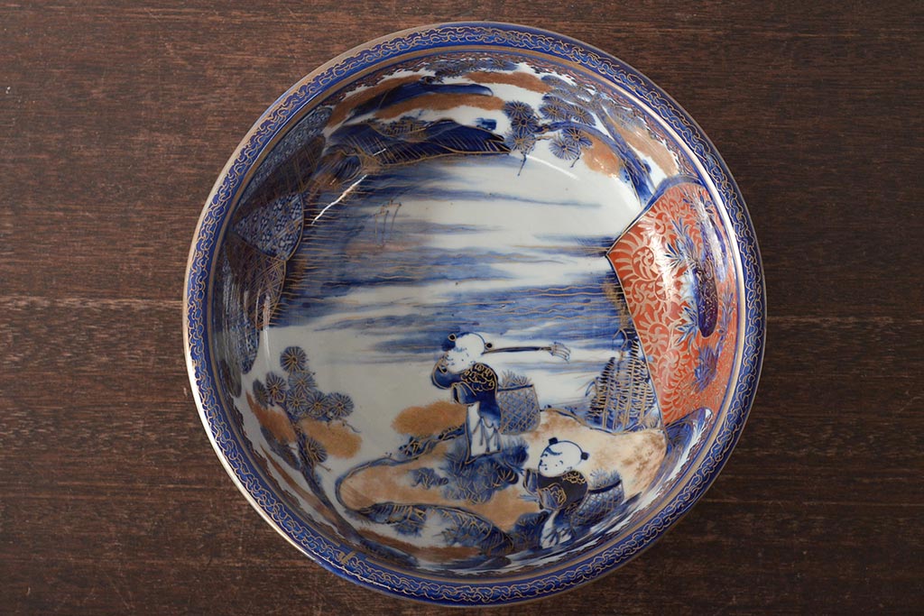 明治期　伊万里焼　上手物　花蝶唐子図染付深鉢(赤絵金彩)(R-046636)