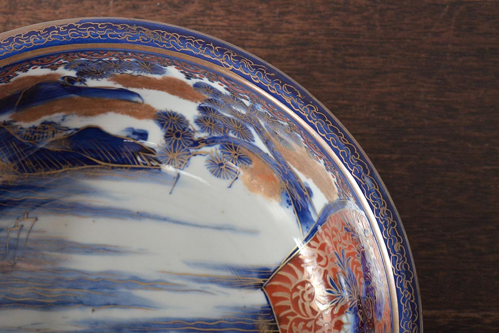 明治期　伊万里焼　上手物　花蝶唐子図染付深鉢(赤絵金彩)(R-046636)