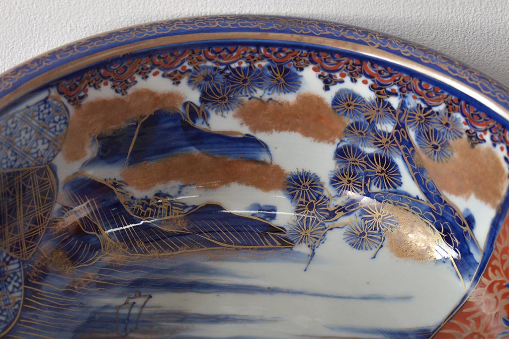 明治期　伊万里焼　上手物　花蝶唐子図染付深鉢(赤絵金彩)(R-046636)