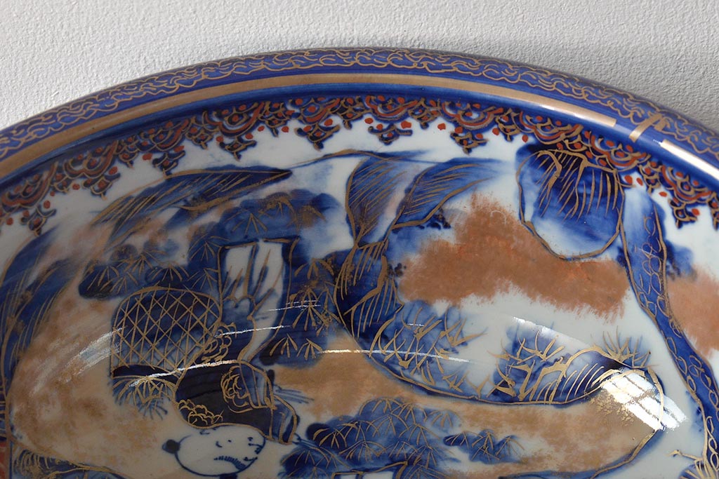 明治期　伊万里焼　上手物　花蝶唐子図染付深鉢(赤絵金彩)(R-046636)