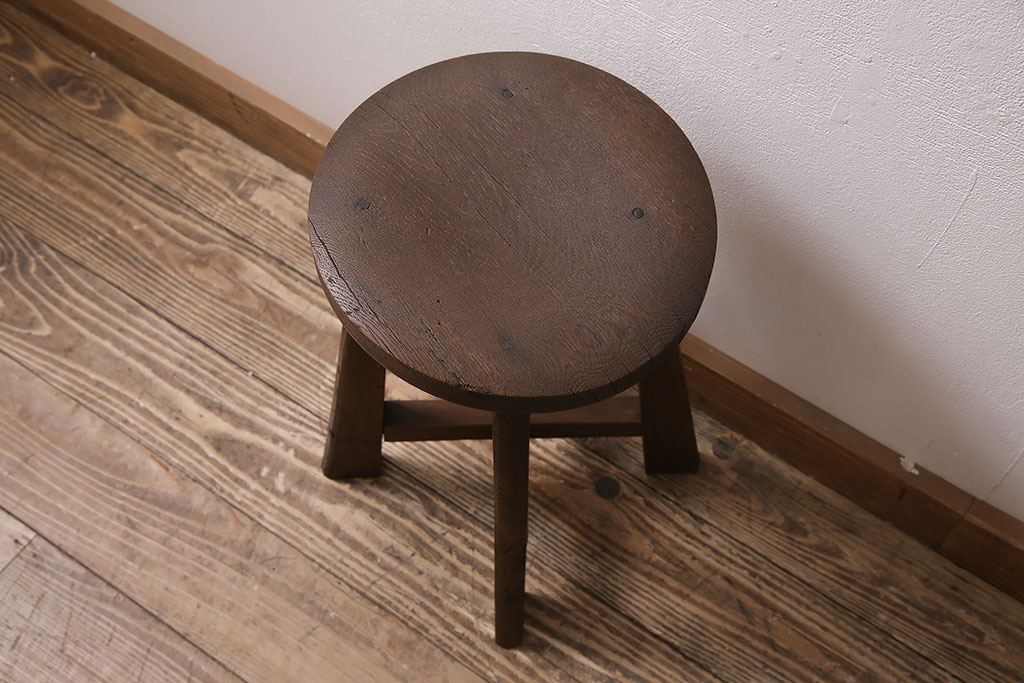 アンティーク家具　昭和初期　ナラ材　使い込まれた味わいが魅力のレトロなスツール(丸椅子、木製チェア)(R-046666)