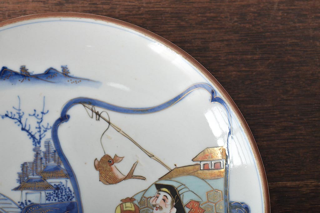 明治期　九谷焼　山水大黒図　金彩　色絵染付　7寸皿(和食器、中皿)(R-046709)