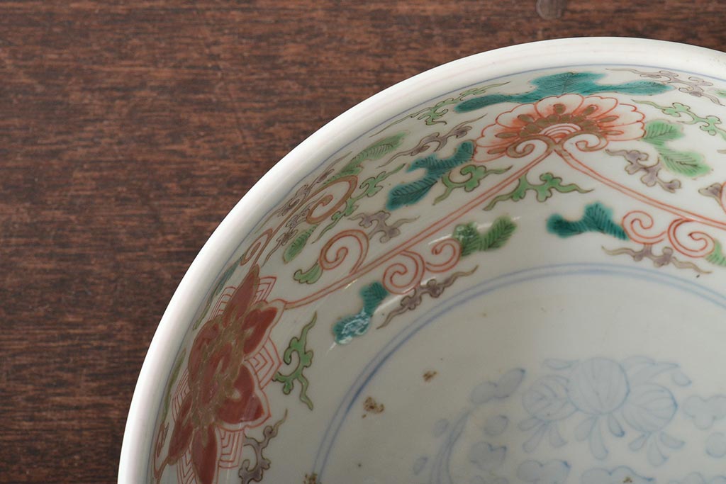 幕末〜明治　伊万里焼　色絵深鉢(深皿、二重高台、和食器)(R-046738)