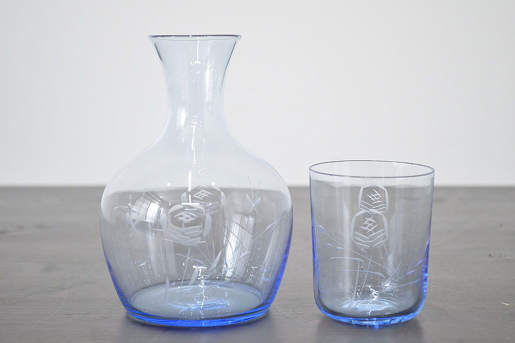 昭和レトロ　花柄　切子　水注(水次、グラス、コップ)(R-046820)