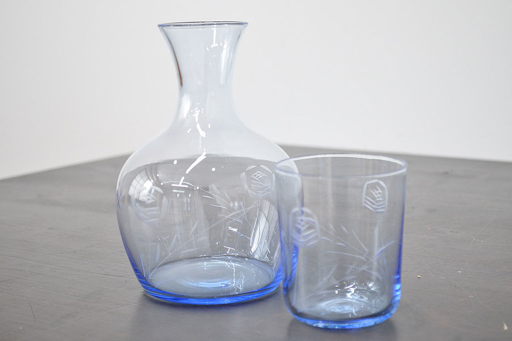 昭和レトロ　花柄　切子　水注(水次、グラス、コップ)(R-046820)