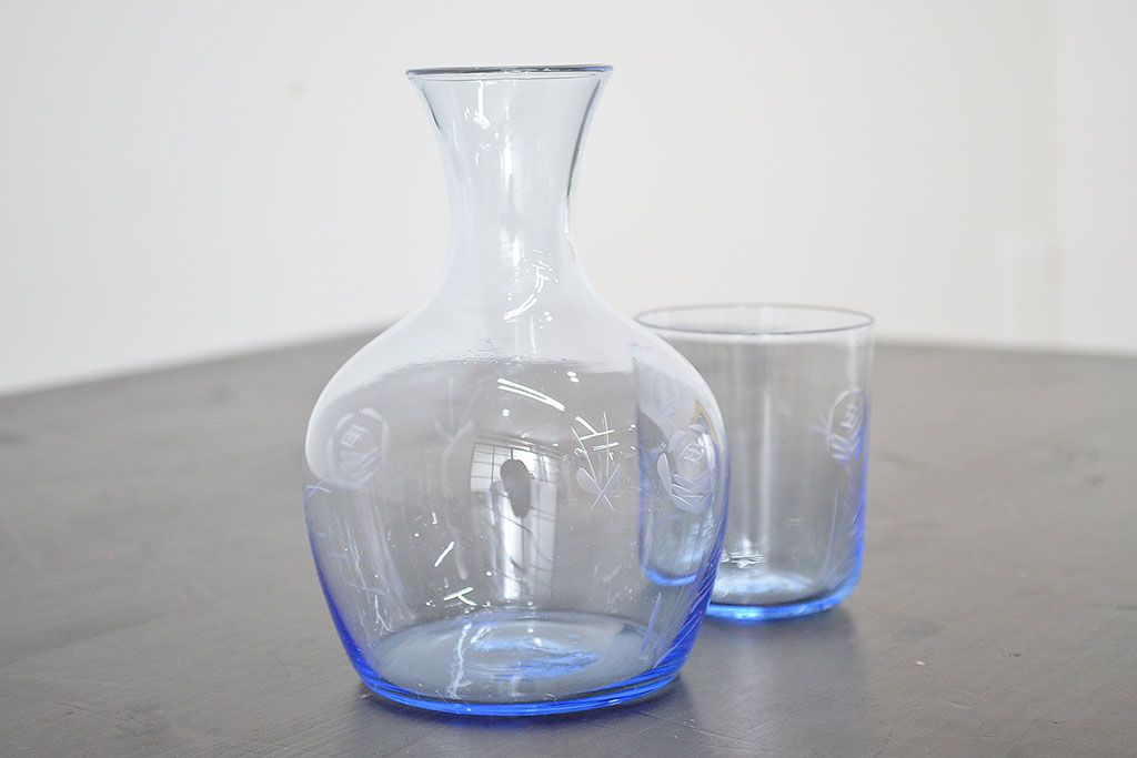 昭和レトロ　花柄　切子　水注(水次、グラス、コップ)(R-046820)