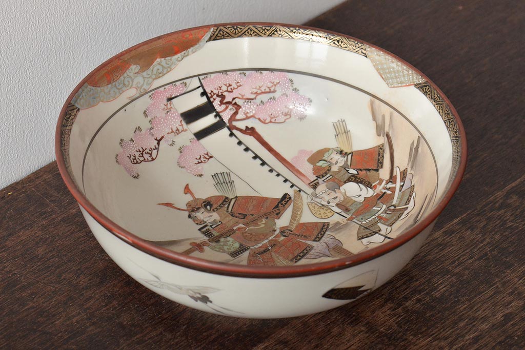 明治期　九谷焼　色絵皿　武者絵　深皿(和食器、鉢)(R-046861)