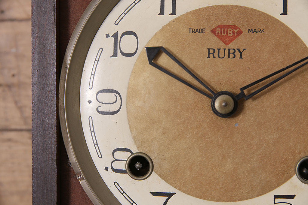 アンティーク時計　昭和中期　RUBY CLOCK(ルビー印)　ゼンマイ式　マーブル模様が珍しい掛け時計(柱時計、古時計)(R-046887)