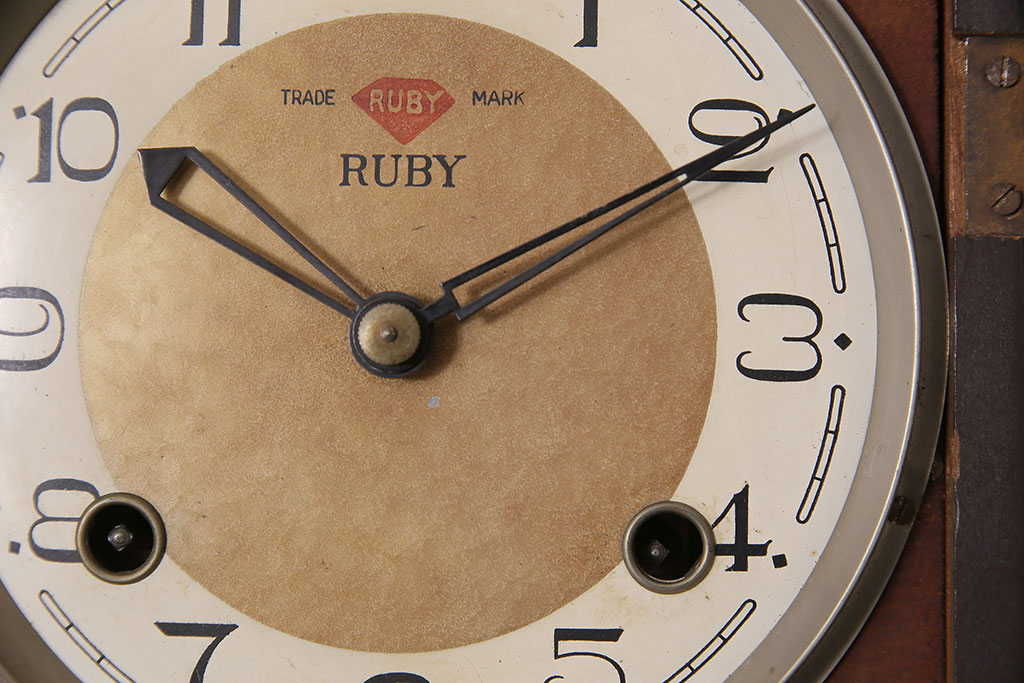 アンティーク時計　昭和中期　RUBY CLOCK(ルビー印)　ゼンマイ式　マーブル模様が珍しい掛け時計(柱時計、古時計)(R-046887)