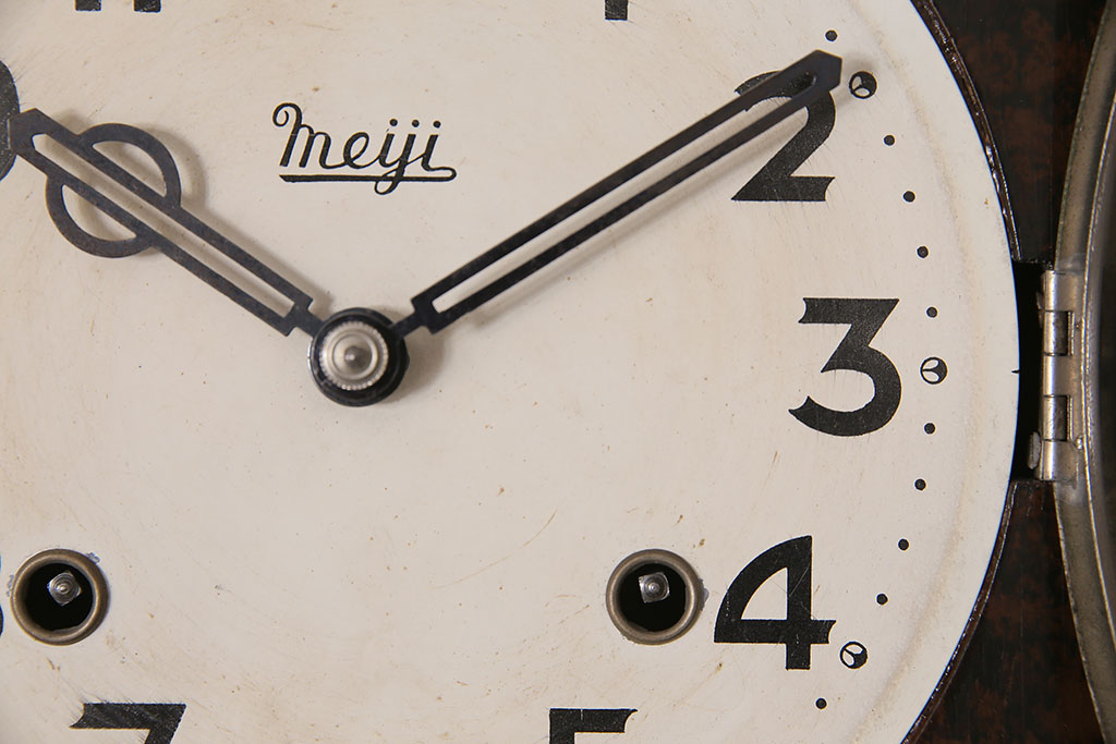 アンティーク時計　昭和中期　Meiji(明治時計社)　珍品　ゼンマイ式　レア!マーブル模様と振り子のデザインが目を引く掛け時計(柱時計、振り子時計)(R-046888)