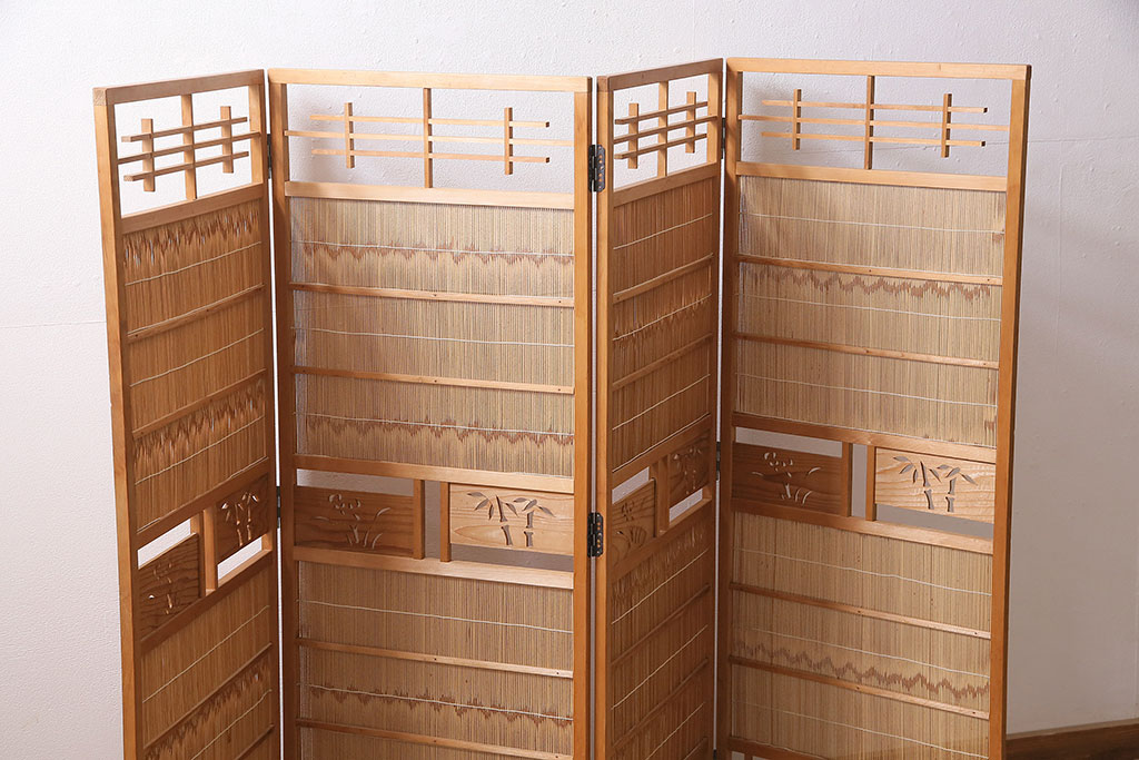 ヴィンテージ家具　昭和中期　民芸家具　和の風情を演出する四連折り畳み式パーテーション(衝立、仕切り、ビンテージ)(R-046903)