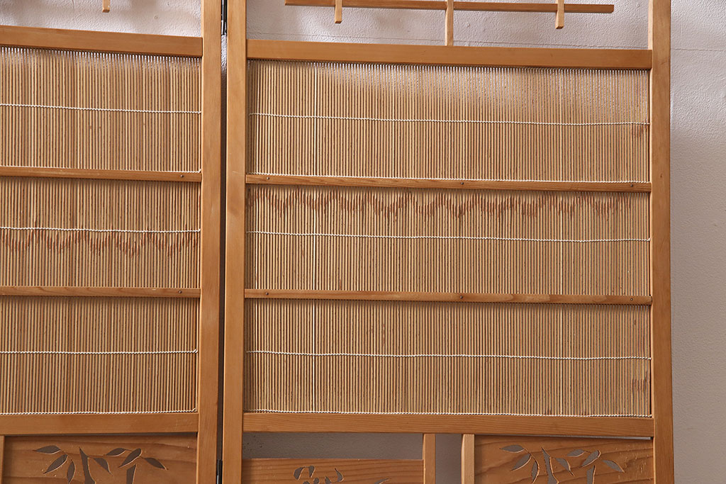 ヴィンテージ家具　昭和中期　民芸家具　和の風情を演出する四連折り畳み式パーテーション(衝立、仕切り、ビンテージ)(R-046903)