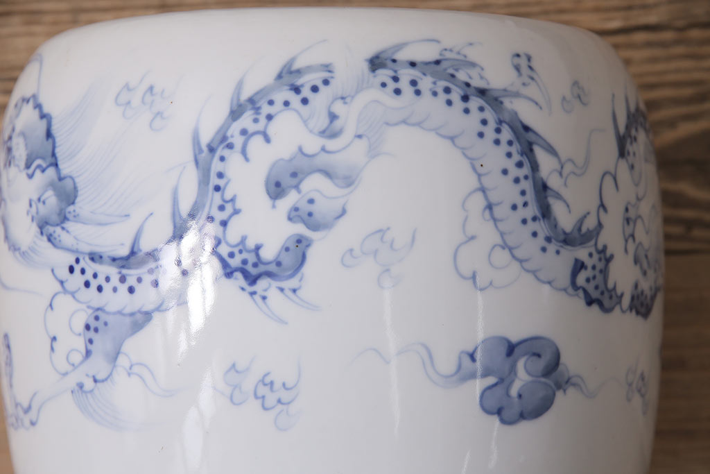 アンティーク雑貨　大正昭和初期　龍の図が大胆に描かれた瀬戸火鉢(鉢カバー)(R-046977)