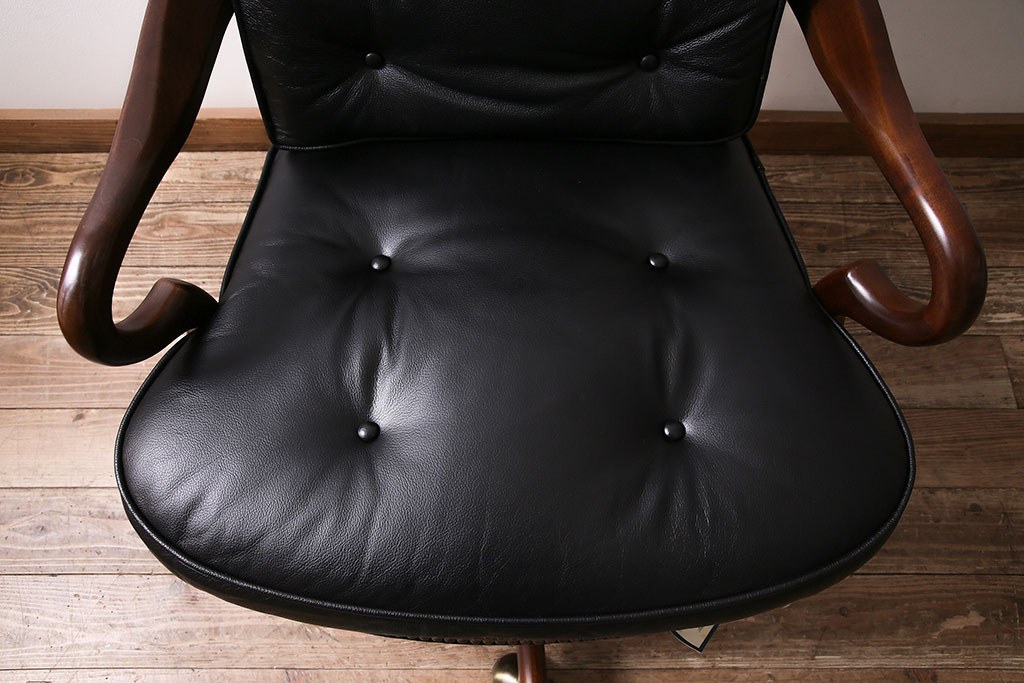 中古　DREXEL HERITAGE(ドレクセルヘリテイジ)　大人の空間作りに!ブラックレザーが高級感を醸し出すキャスター付きアームチェア(回転チェア、椅子、本革)(R-046989)