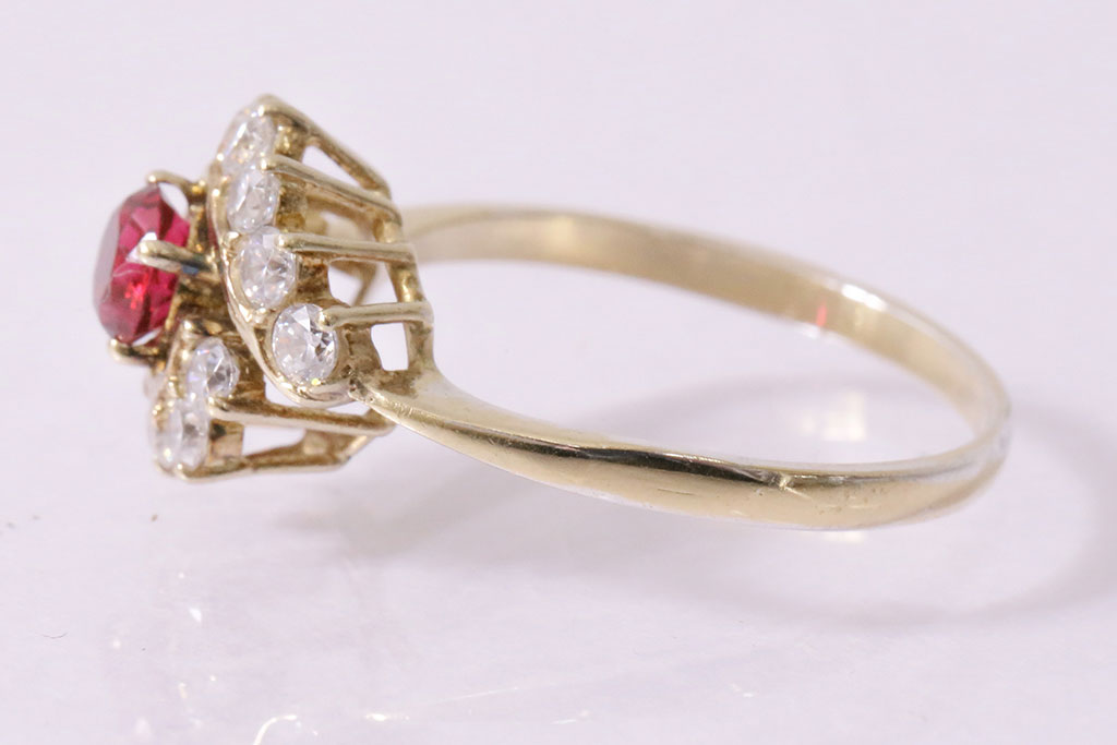 ヴィンテージアクセサリー　イギリス　9ct　Gold　ピンク・クリアクリスタル　リング(指輪、金、ビンテージ)(R-047008)