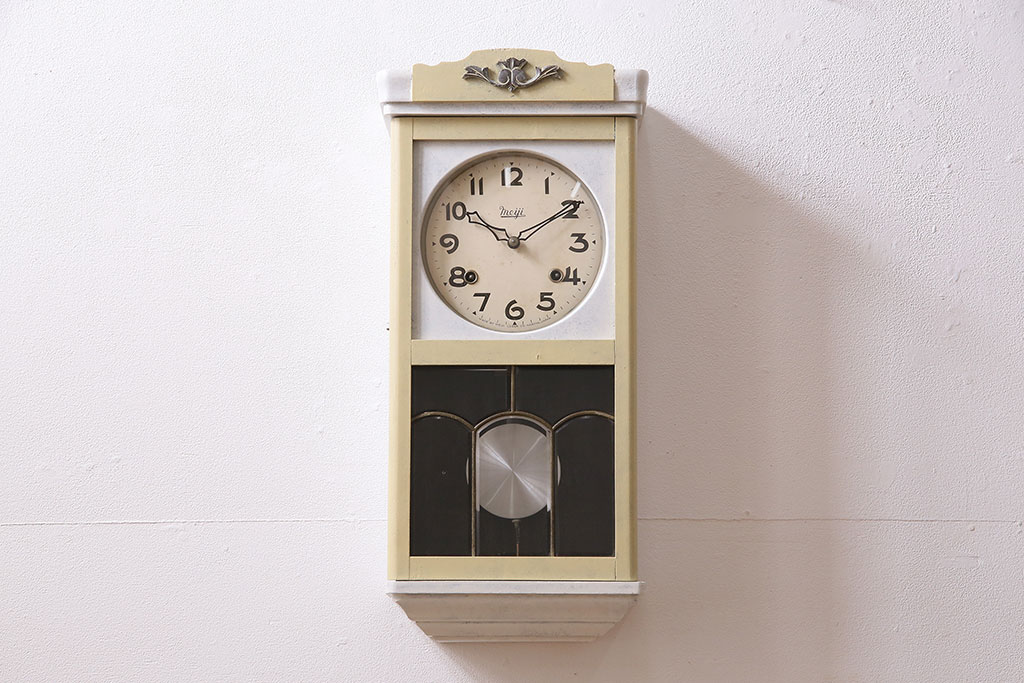 アンティーク時計　昭和レトロ　昭和中期　ペイント　Meiji(明治時計社)　ゼンマイ式　 大振りのレトロな掛け時計(柱時計、振り子時計)(R-047031)