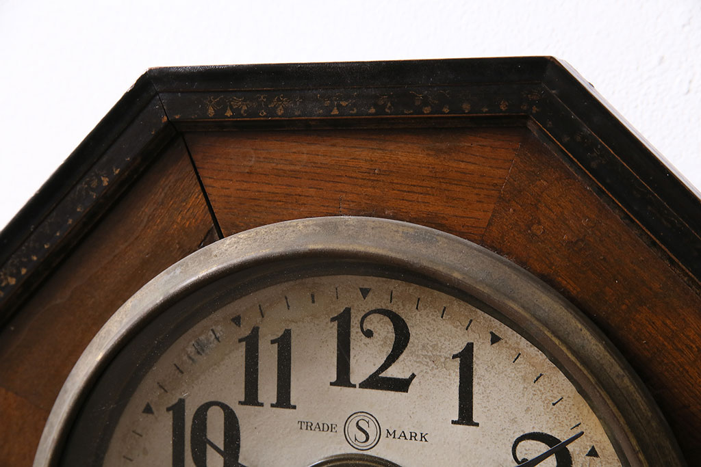 アンティーク時計　精工舎　TRADE(S)MARK　トレードマーク　SEIKO　セイコー　ゼンマイ式　コントラストが魅力的な八角型柱時計(SEIKOSHA、振り子時計、掛け時計、古時計)(R-047032)