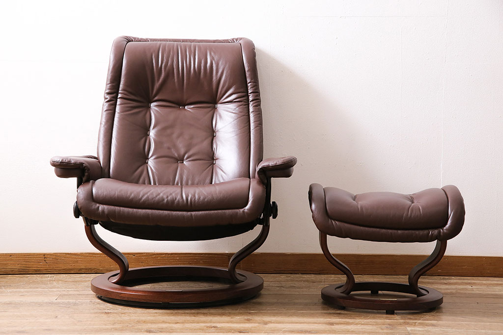 中古　EKORNES(エコーネス)　本革　ロイヤルシリーズ　オットマン付き　ストレスレスチェア(定価約46万円)(リクライニングチェア、アームチェア、椅子)(R-047035)