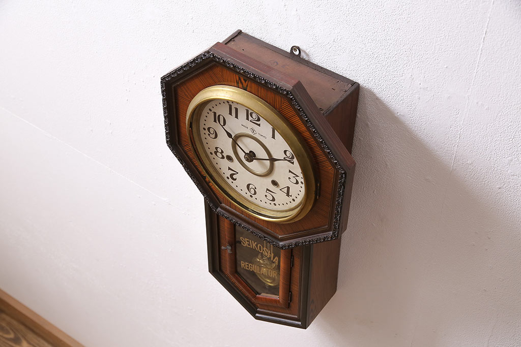 アンティーク時計　大正昭和初期　精工舎(SEIKOSHA、セイコー)　REGULATOR　ゼンマイ式　 八角型振り子時計(掛け時計、柱時計、古時計)(R-047040)